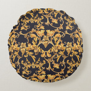Golden Baroque, Scroll Leaves Pattern. Round Cushion
