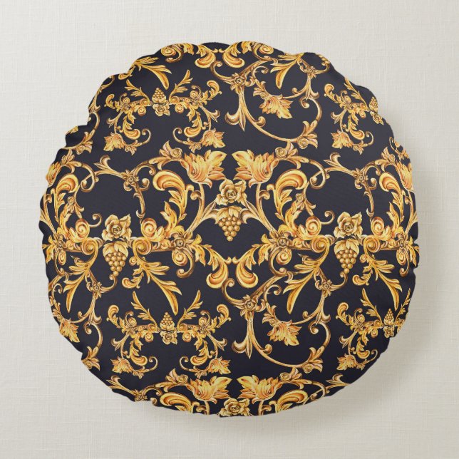 Golden Baroque, Scroll Leaves Pattern. Round Cushion (Front)