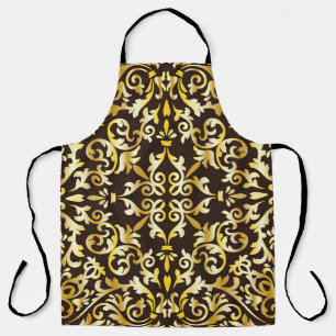 Golden baroque seamless pattern on black backgroun apron