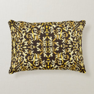 Golden baroque seamless pattern on black backgroun decorative cushion
