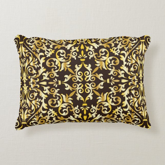 Golden baroque seamless pattern on black backgroun decorative cushion (Front)
