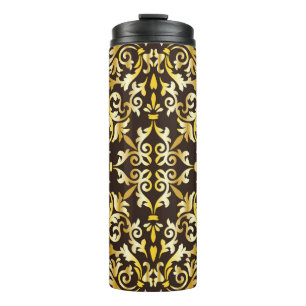 Golden baroque seamless pattern on black backgroun thermal tumbler