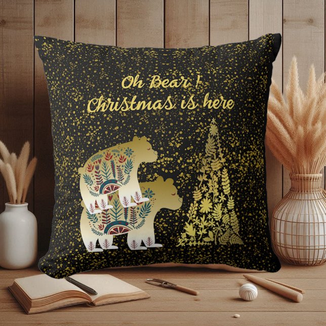 Golden Bear Merry Christmas Tree Nordic Decor Baby Cushion (Golden Bear Merry Christmas Tree Nordic Decor Baby Throw Pillow)