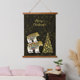 Golden Bear Merry Christmas Tree Nordic Wall Decor Hanging Tapestry