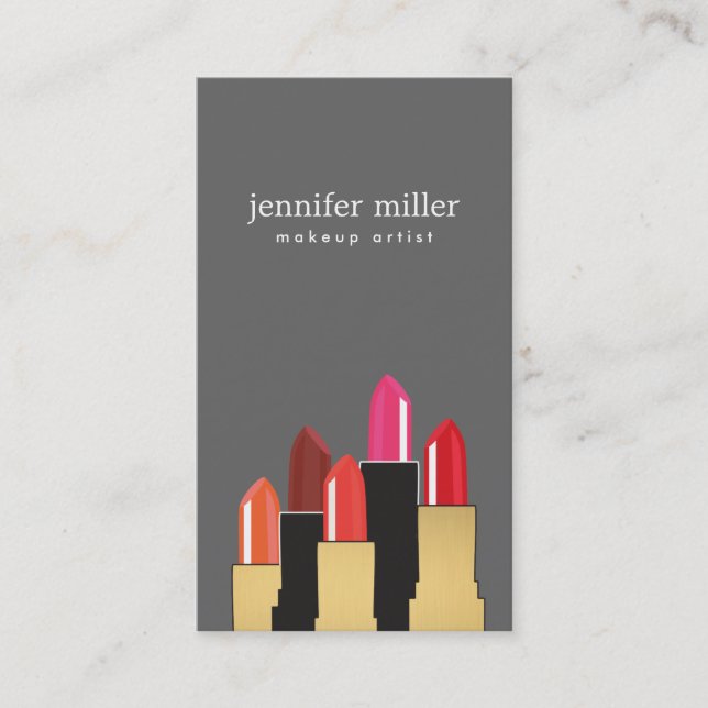 Golden Beauty and Lipstick Collage on Grey Business Card (Front)
