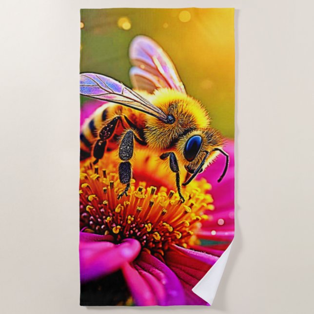 Golden Bee Flower Magic Light Design Beach Towel (Front)