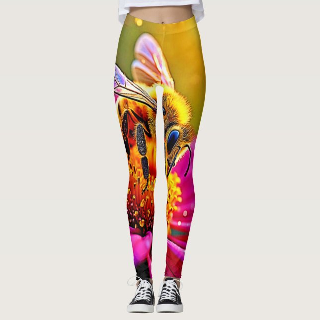 Golden Bee Flower Magic Light Design Leggings (Front)