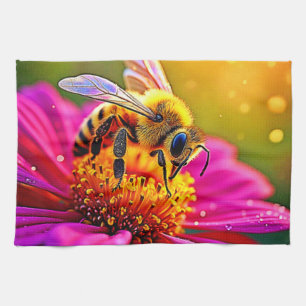 Golden Bee Flower Magic Light Design Tea Towel