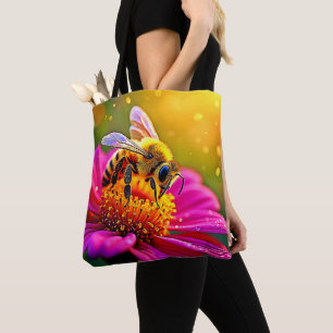 Golden Bee Flower Magic Light Design Tote Bag
