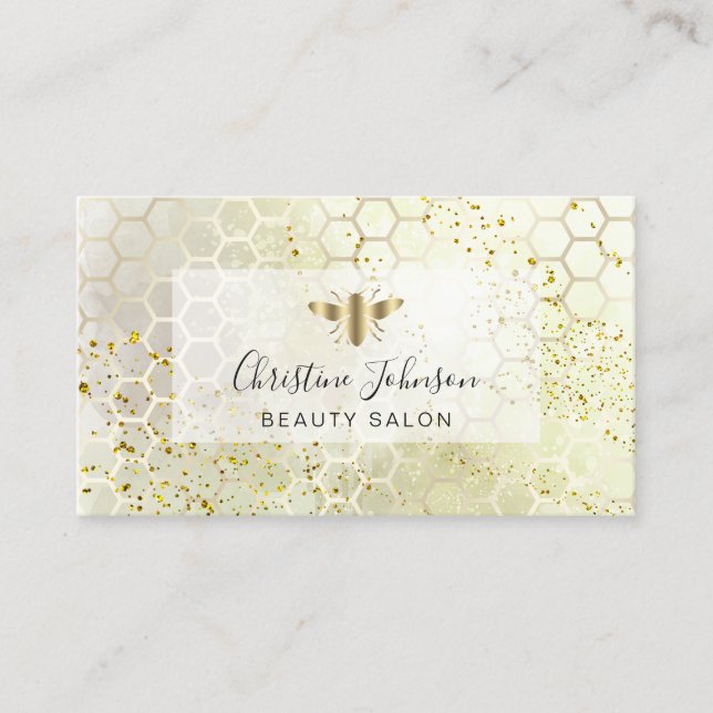 golden bee on FAUX glitter honeycomb Business Card (Front)