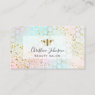 golden bee on FAUX glitter pastel colours honeycom Business Card