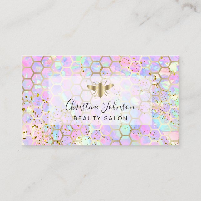 golden bee on FAUX glitter pastel honeycomb Business Card (Front)