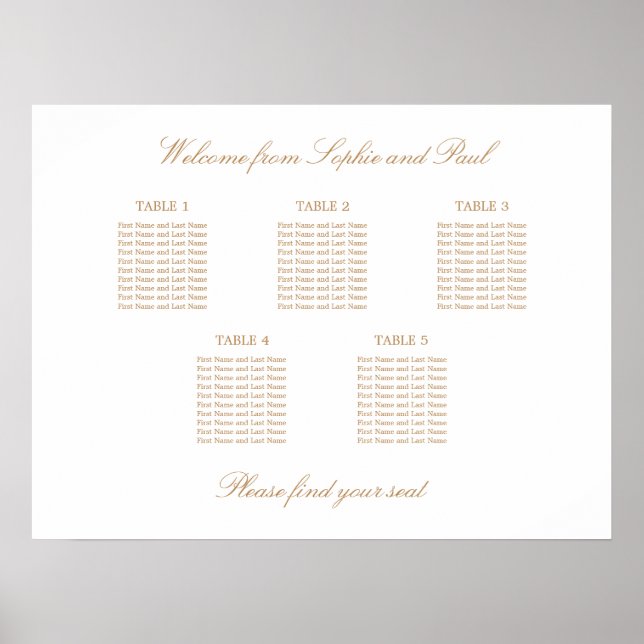 Golden Beige 5 Table Wedding Seating Chart Poster (Front)