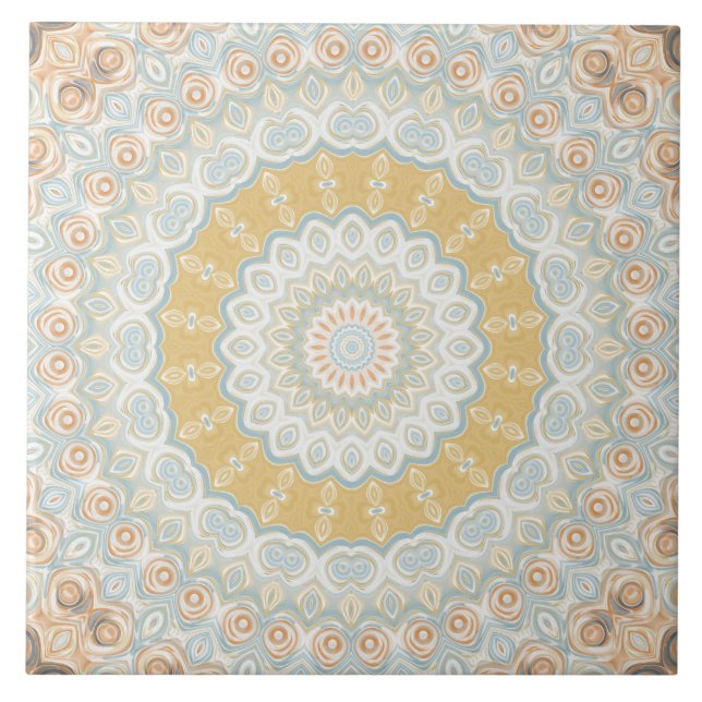 Golden Beige and Blue Mandala Pattern Design Tile (Front)