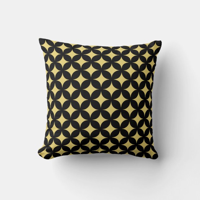 Golden Beige Four-Pointed Star Pattern on Black Cushion (Front)