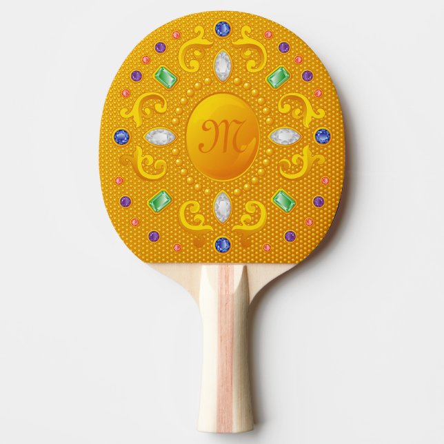 Golden Bejeweled Royal Mirror with Jewels and Gems Ping Pong Paddle (Front)