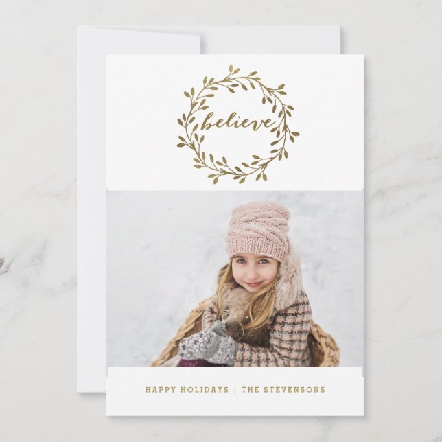 Golden Believe | Pretty Wreath Holiday Card (Front)