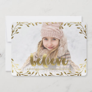 Golden Believe Whimsical Wreath Holiday Card