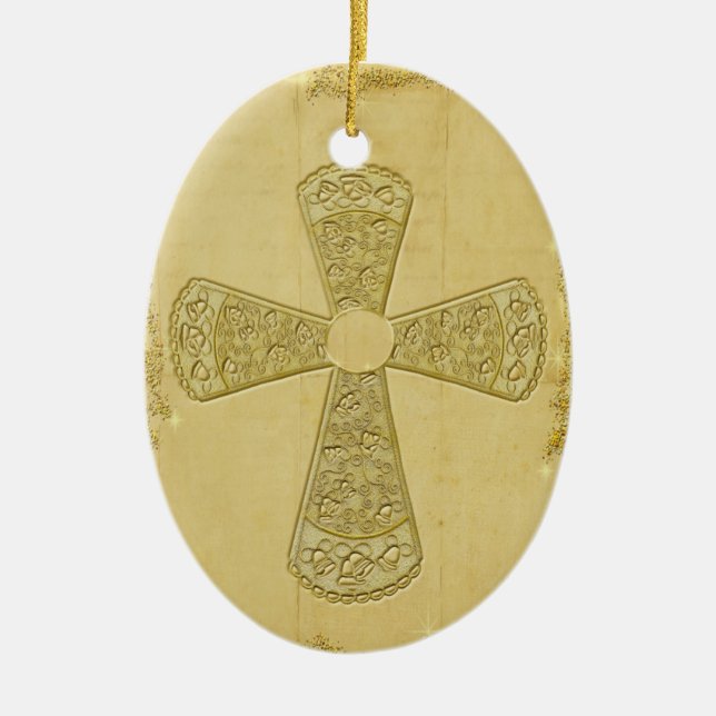 Golden Bell Cross Ceramic Tree Decoration (Front)