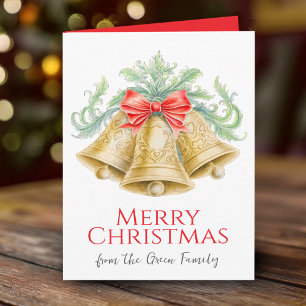 Golden bells and red bow watercolor Christmas Card
