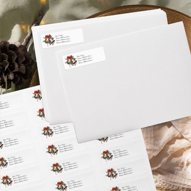 Golden Bells Holly and Red Bow Return Address (Return address labels from the Holly Bells Wedding Collection by Darling & May)