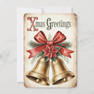 Golden Bells & Poinsettia – Vintage Xmas Greetings Holiday Card