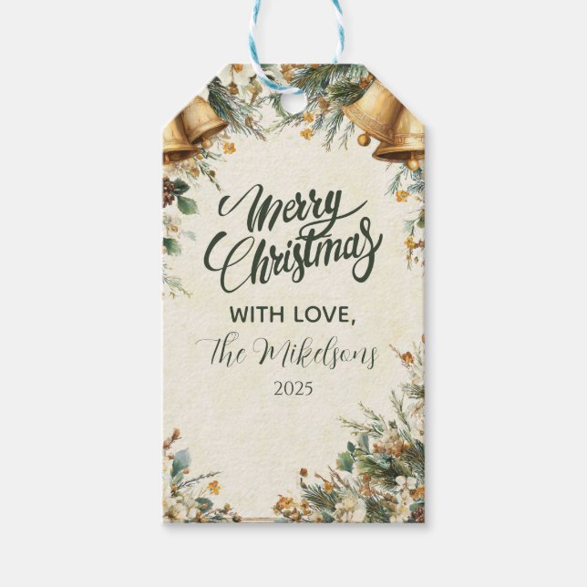 Golden Bells Rustic Christmas Gift Tags (Front)