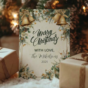 Golden Bells Rustic Christmas Holiday Card