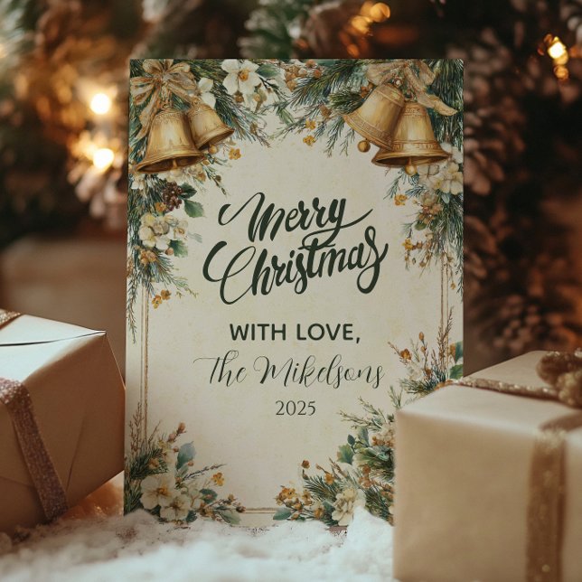 Golden Bells Rustic Christmas Holiday Card (Creator Uploaded)