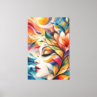 Golden Bird and Flower Woman Art Canvas Print