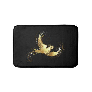 Golden Bird on Black Background Bath Mat