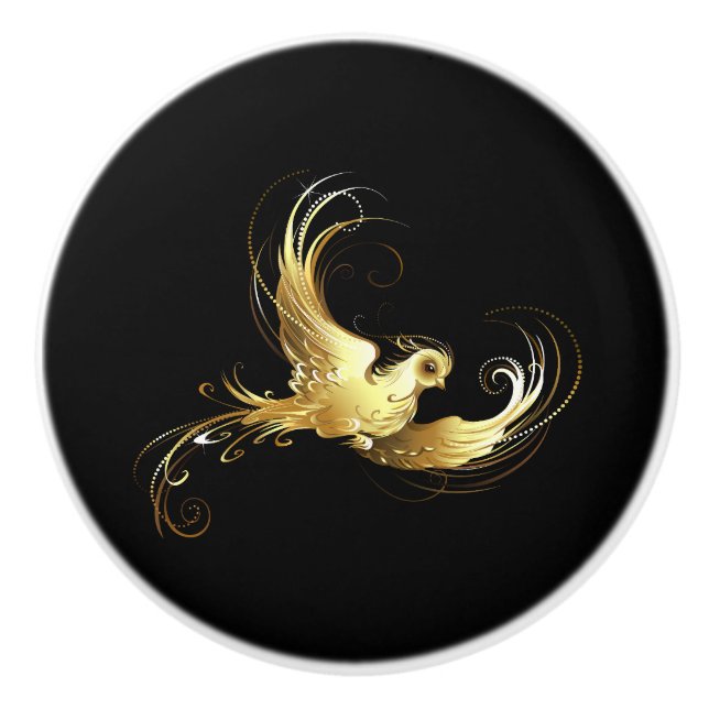 Golden Bird on Black Background Ceramic Knob (Front)