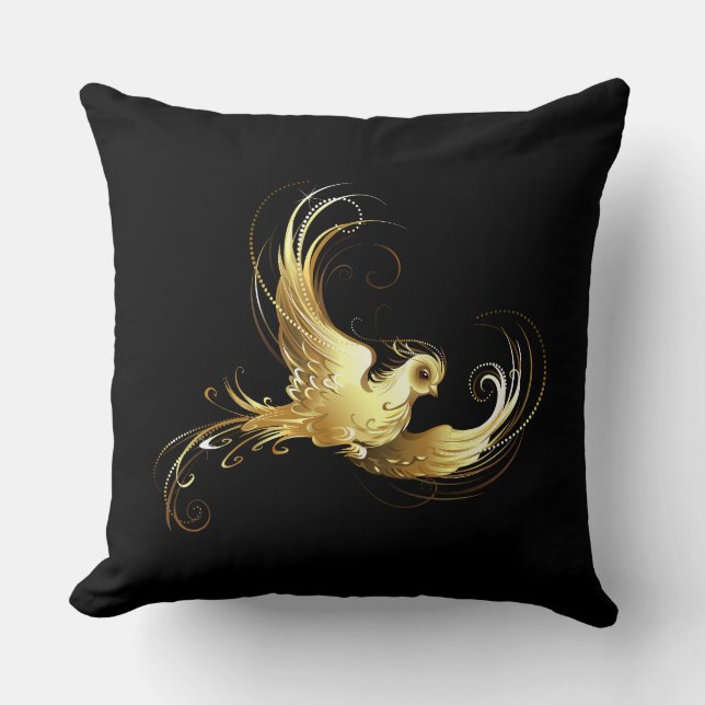 Golden Bird on Black Background Cushion (Front)