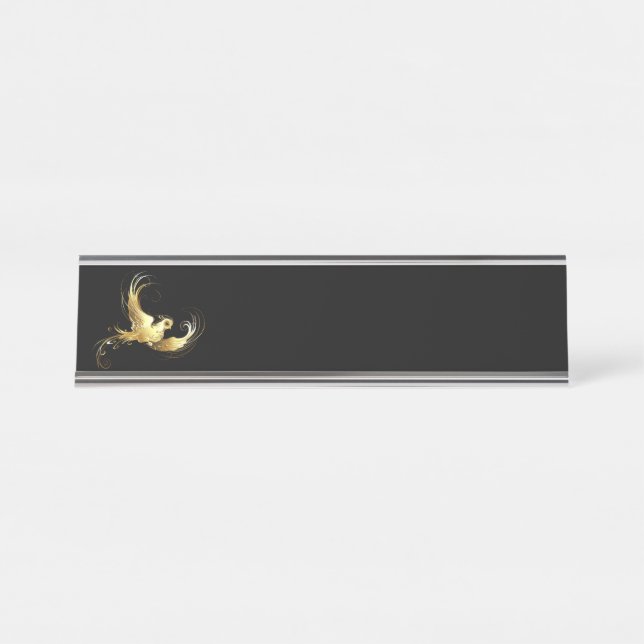 Golden Bird on Black Background Desk Name Plate (Front)