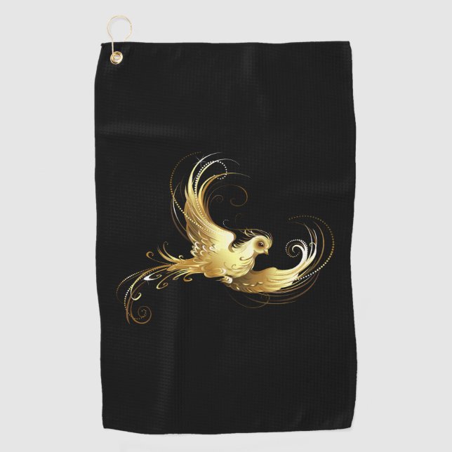 Golden Bird on Black Background Golf Towel (Front)