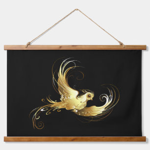 Golden Bird on Black Background Hanging Tapestry