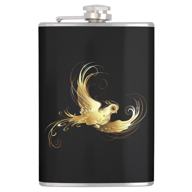 Golden Bird on Black Background Hip Flask (Front)