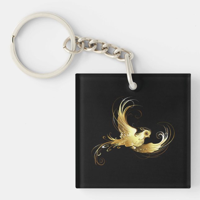 Golden Bird on Black Background Key Ring (Front)