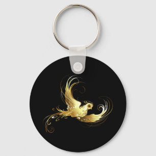 Golden Bird on Black Background Key Ring