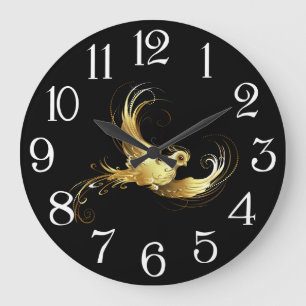 Golden Bird on Black Background Large Clock