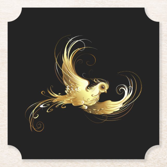 Golden Bird on Black Background Paper Coaster (Front)