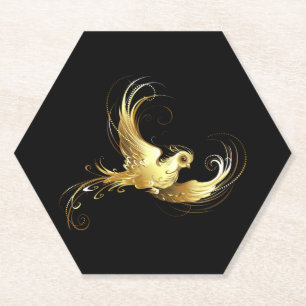 Golden Bird on Black Background Paper Coaster