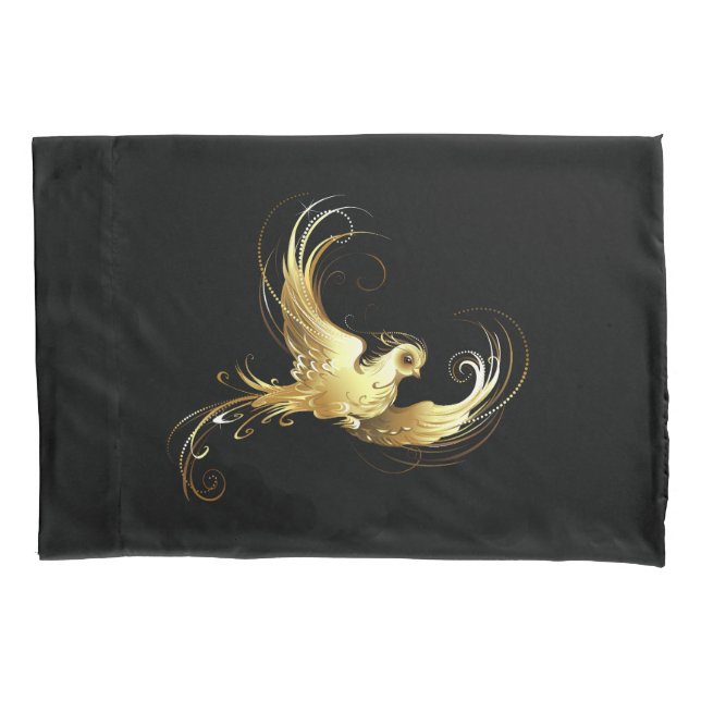 Golden Bird on Black Background Pillowcase (Front)