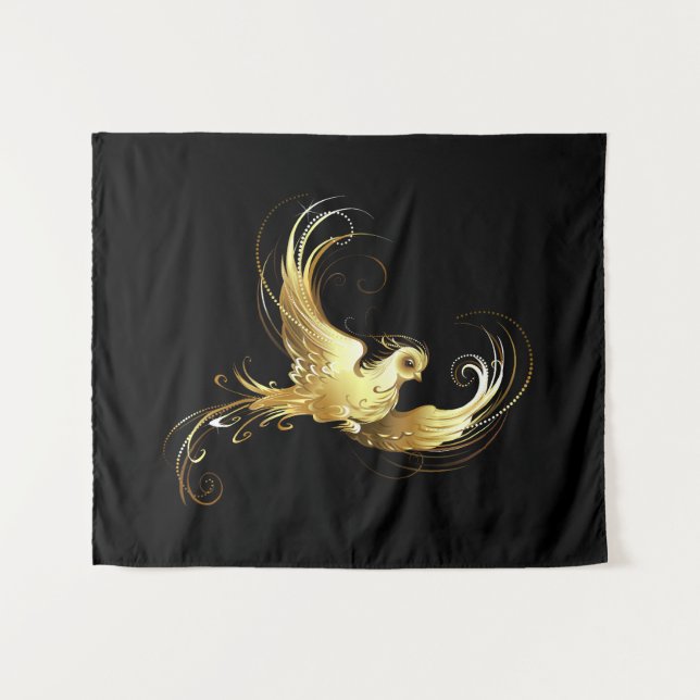 Golden Bird on Black Background Tapestry (Front (Horizontal))