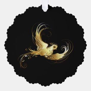 Golden Bird on Black Background Tree Decoration Card