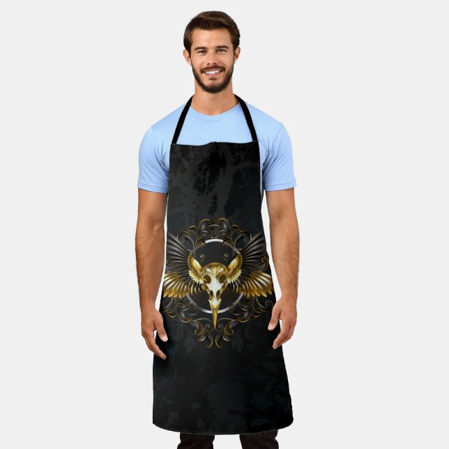 Golden Bird Skull on Black background Apron (Worn)