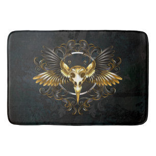 Golden Bird Skull on Black background Bath Mat