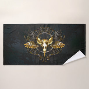 Golden Bird Skull on Black background Bath Towel
