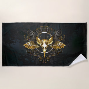 Golden Bird Skull on Black background Beach Towel