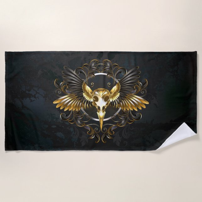 Golden Bird Skull on Black background Beach Towel (Front)